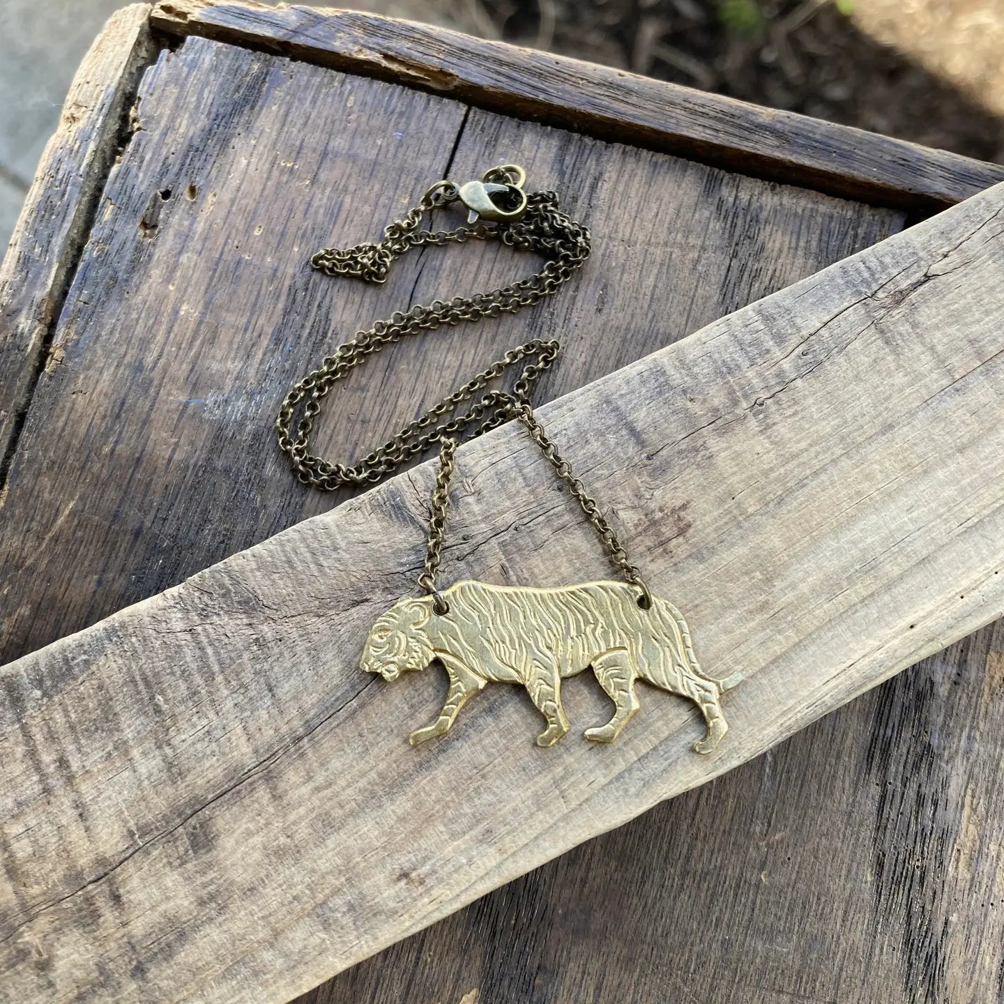 Brass Tiger Big Cat Pendant Necklace