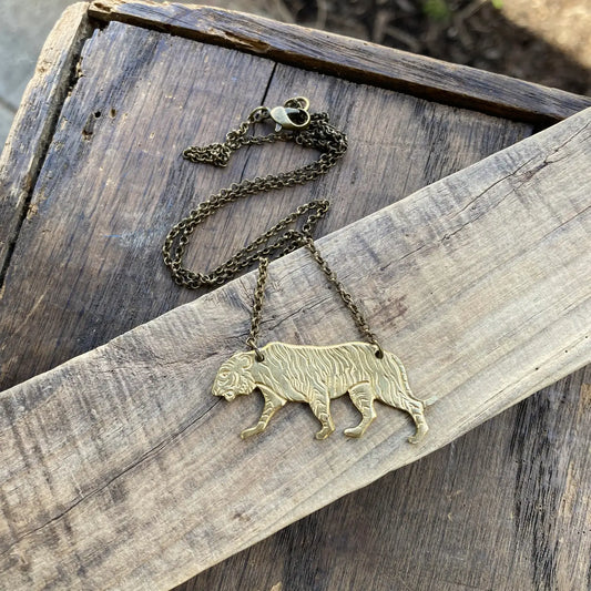 Brass Tiger Big Cat Pendant Necklace