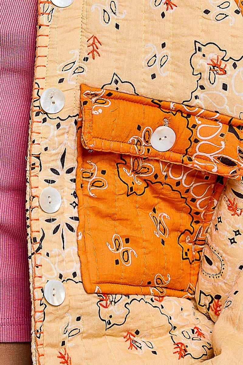 Quilted Patchwork Paisley Button Front Jacket Top