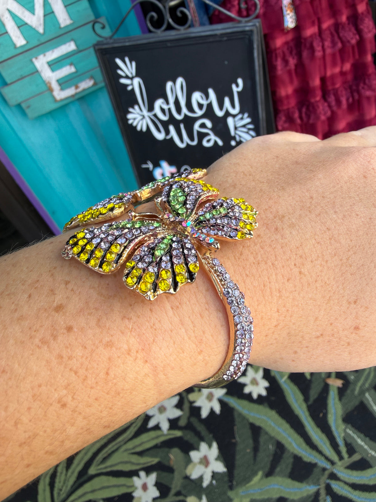 Rhinestone Embellished Double Butterfly Hinged Bangle Bracelet