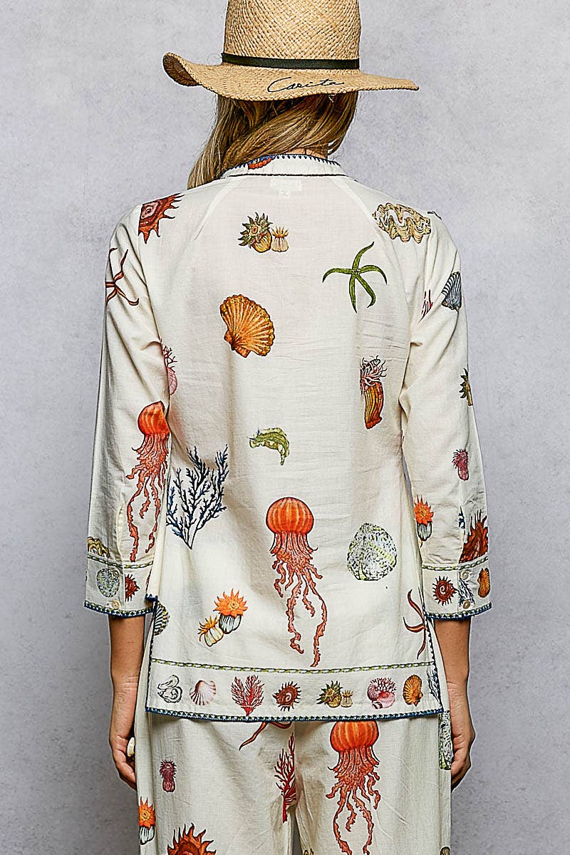 Sea Contrast Stitch Shell Trim Shirt Top