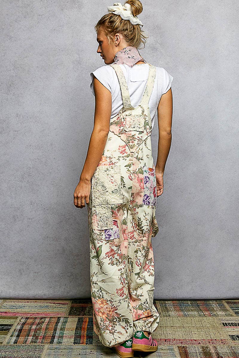 Printed Lace Patch Trim Strap Relaxed Fit Jogger Overalls