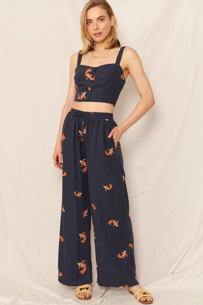 Koi Fish Print Wide Leg Pants