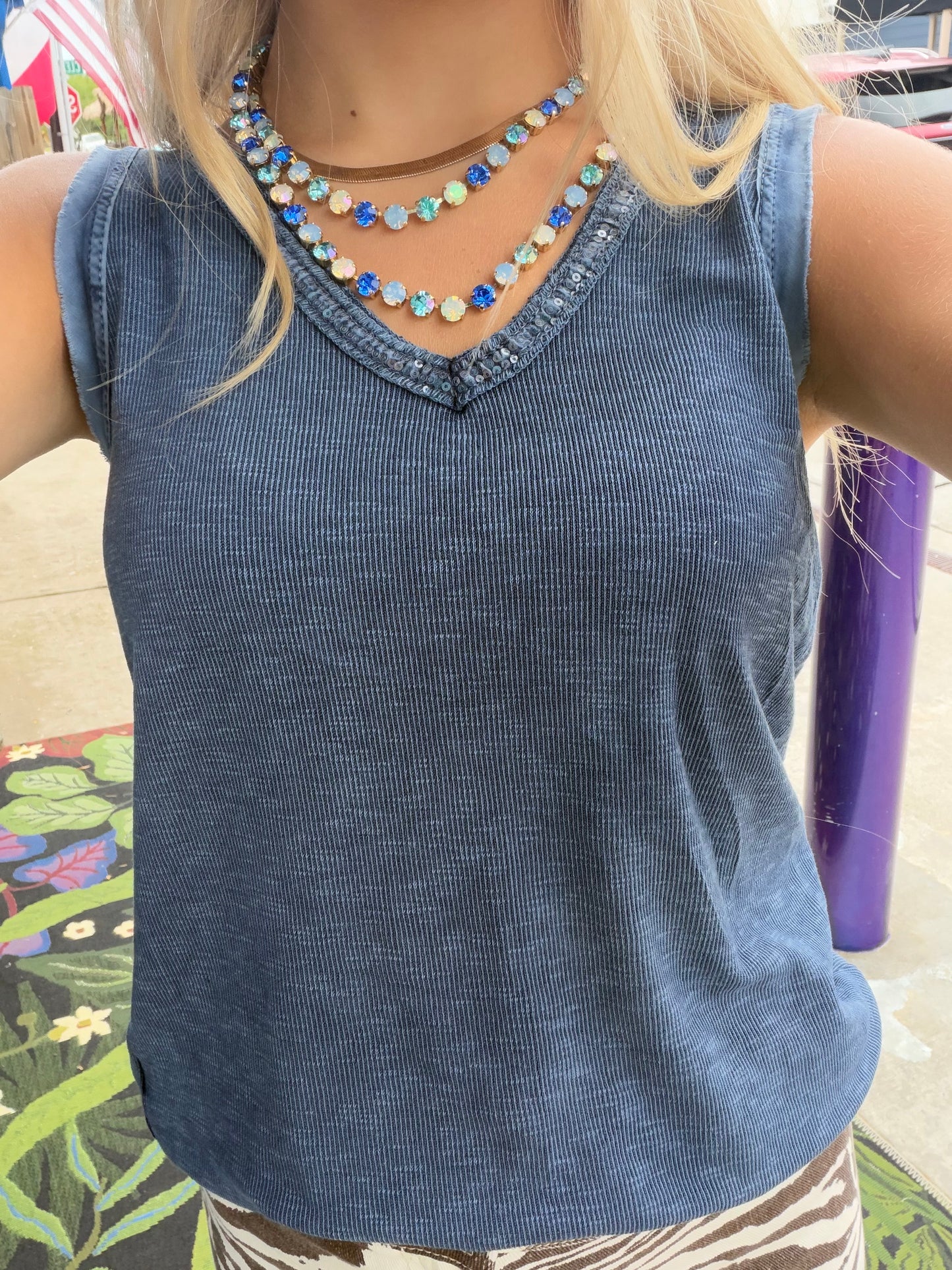 Sequin WHITE/ NAVY V-Neck Tank Tops