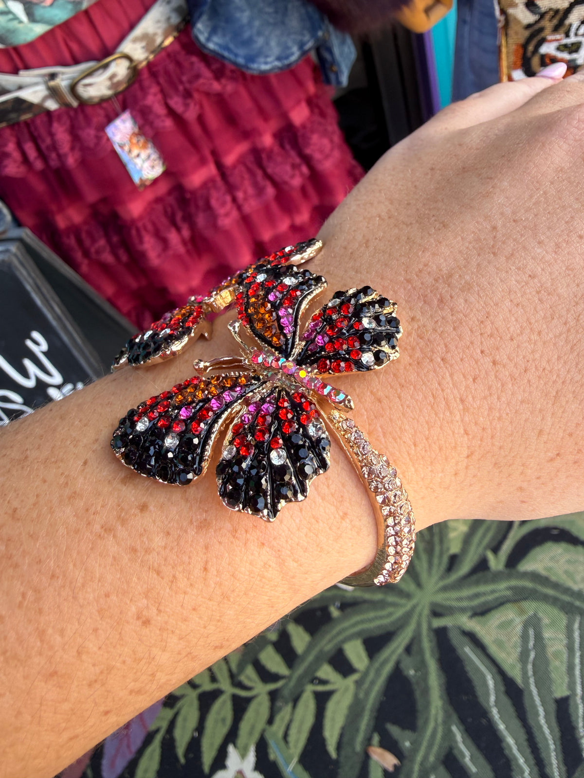 Rhinestone Embellished Double Butterfly Hinged Bangle Bracelet