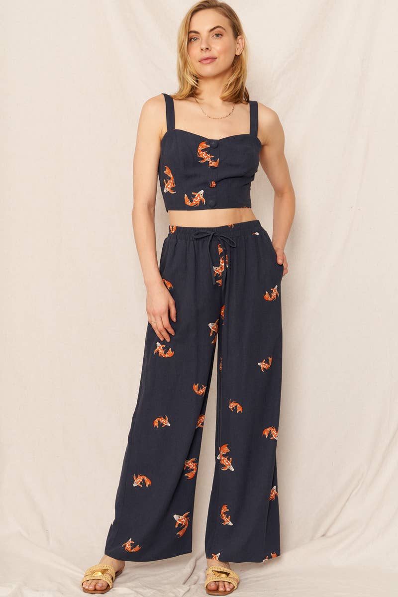 Koi Fish Print Wide Leg Pants