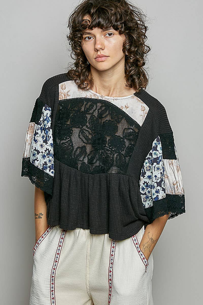 Rib Floral Pattern Round Neck Short Sleeve Top