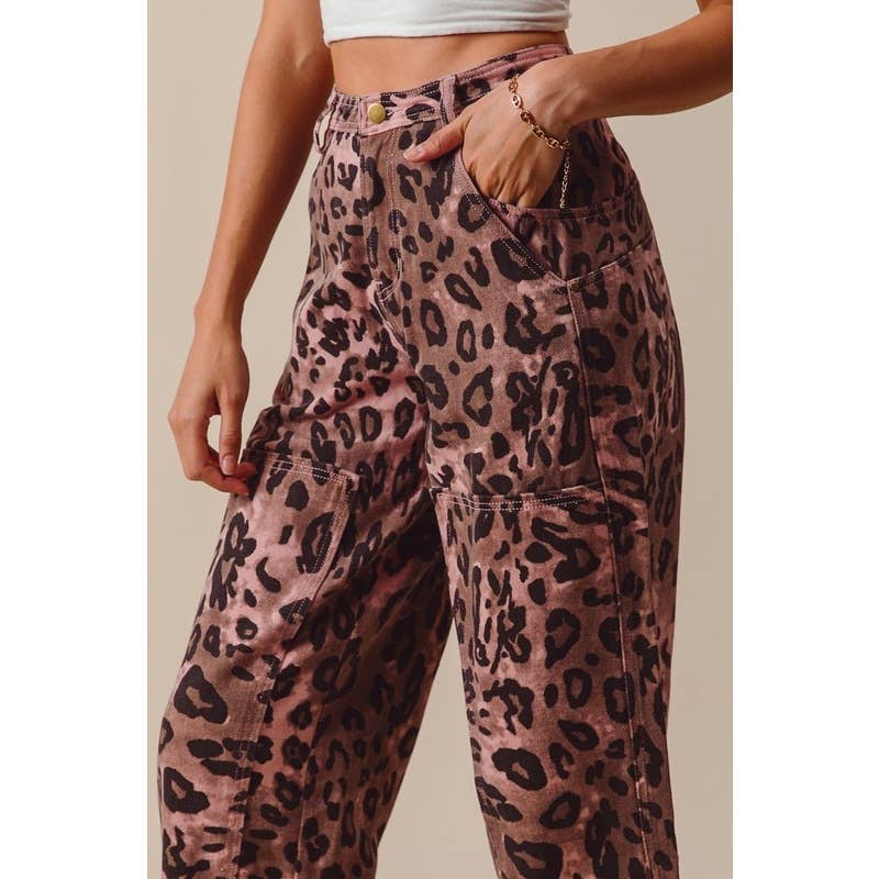 VINTAGE WASHED LEOPARD MID RISE WIDE LEG BARREL SHAPE PANTS