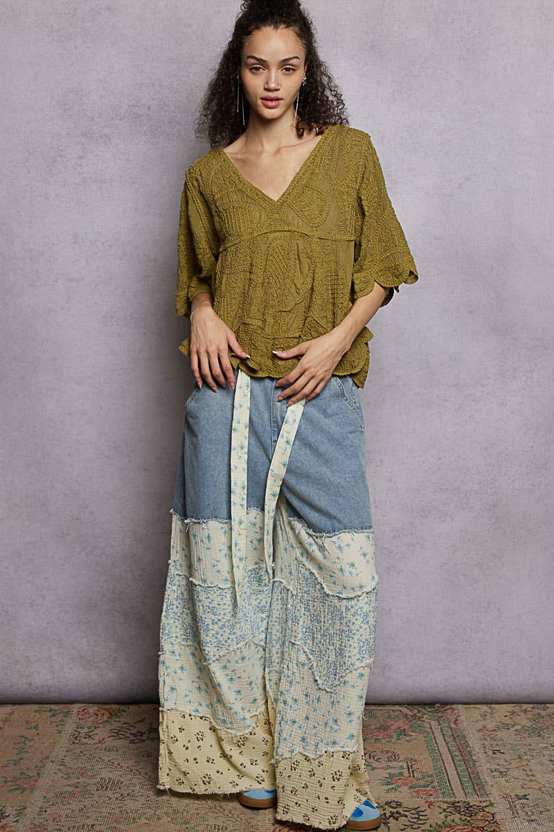Short Sleeve V-neck Vintage Washing Solid Crochet Top