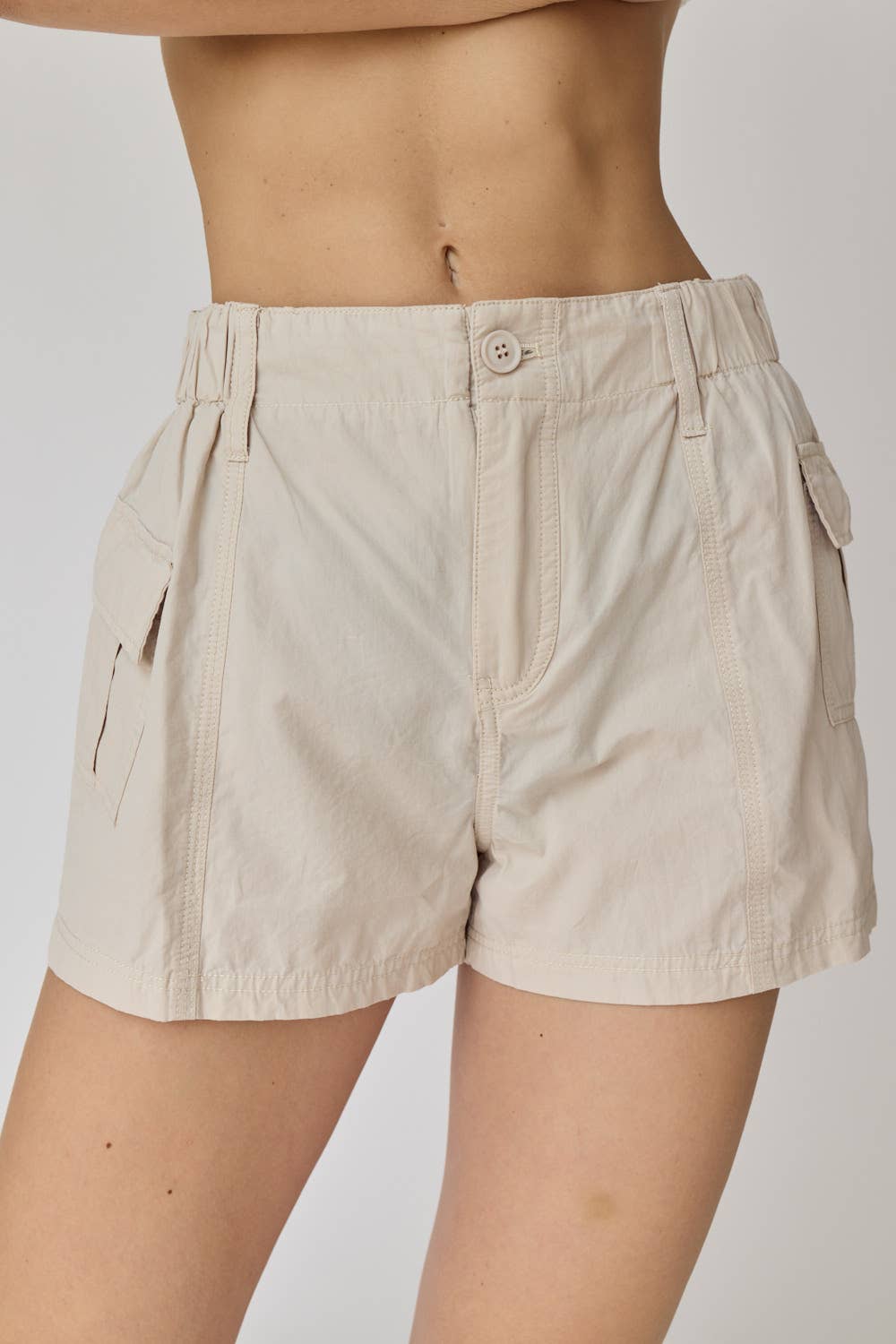 Khaki Jimena Low-Rise Elastic Waist Cargo Shorts