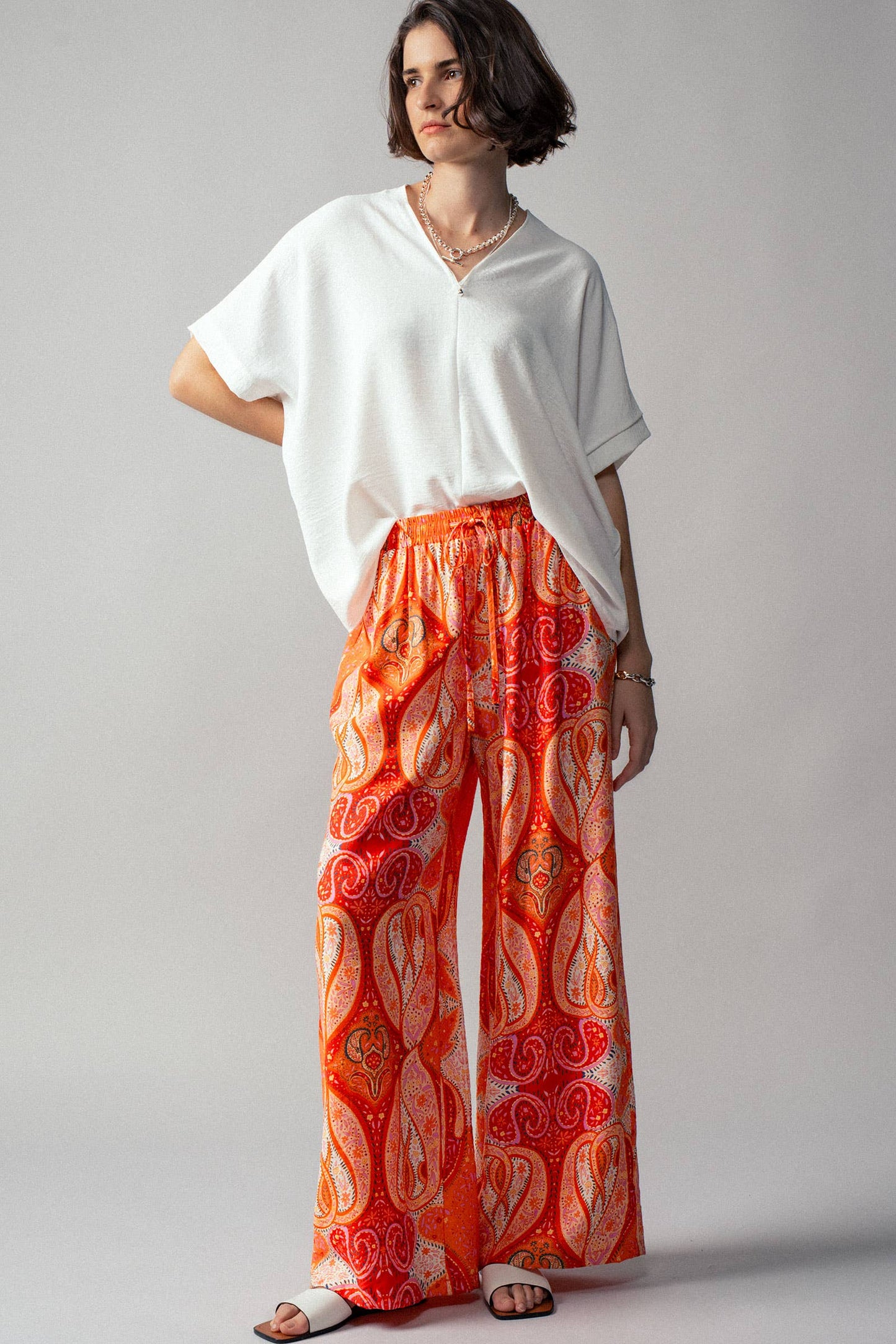 Orange Paisley Print Wide-Leg Statement Pants