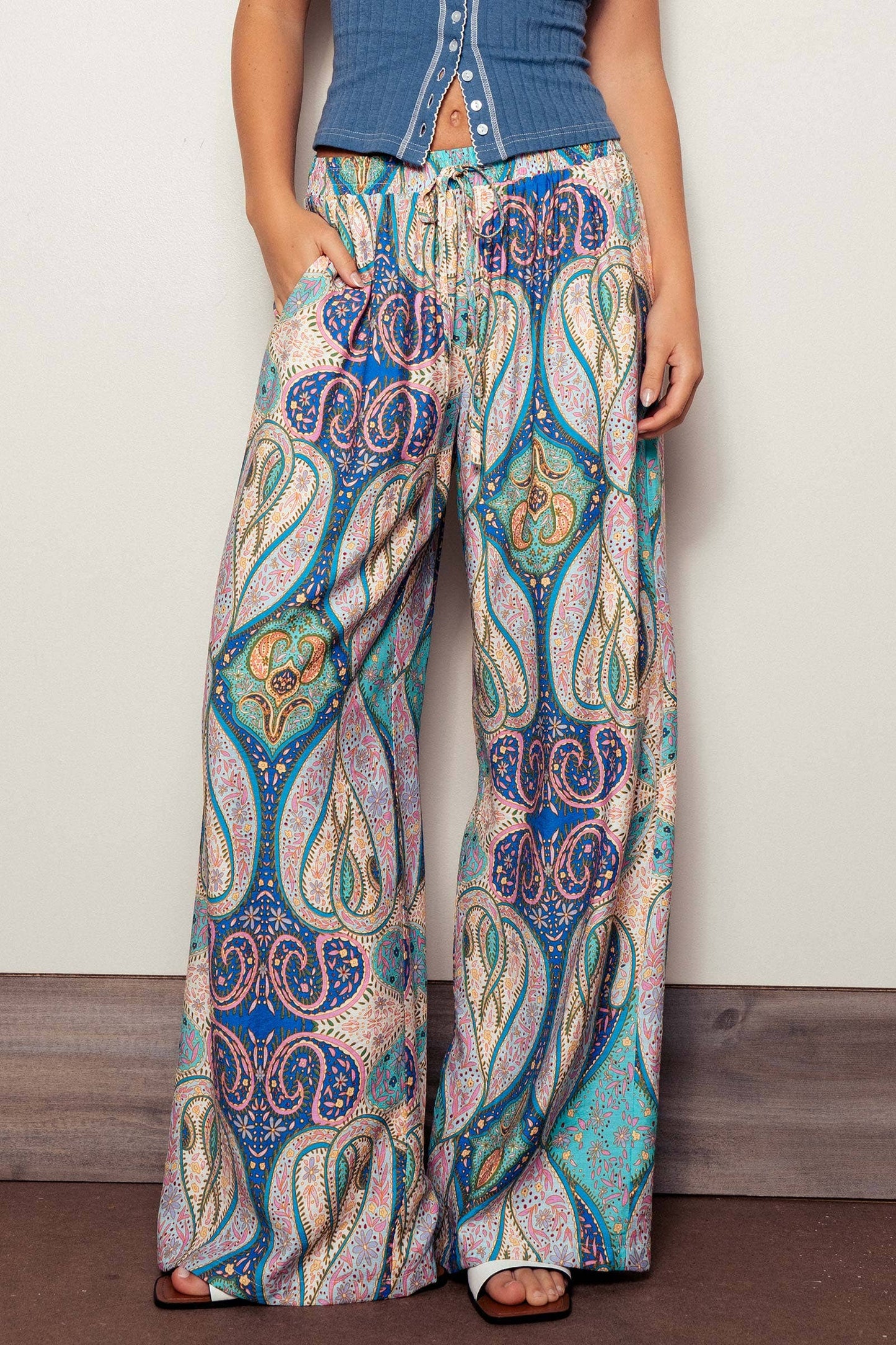 Blue Paisley Print Wide-Leg Statement Pants