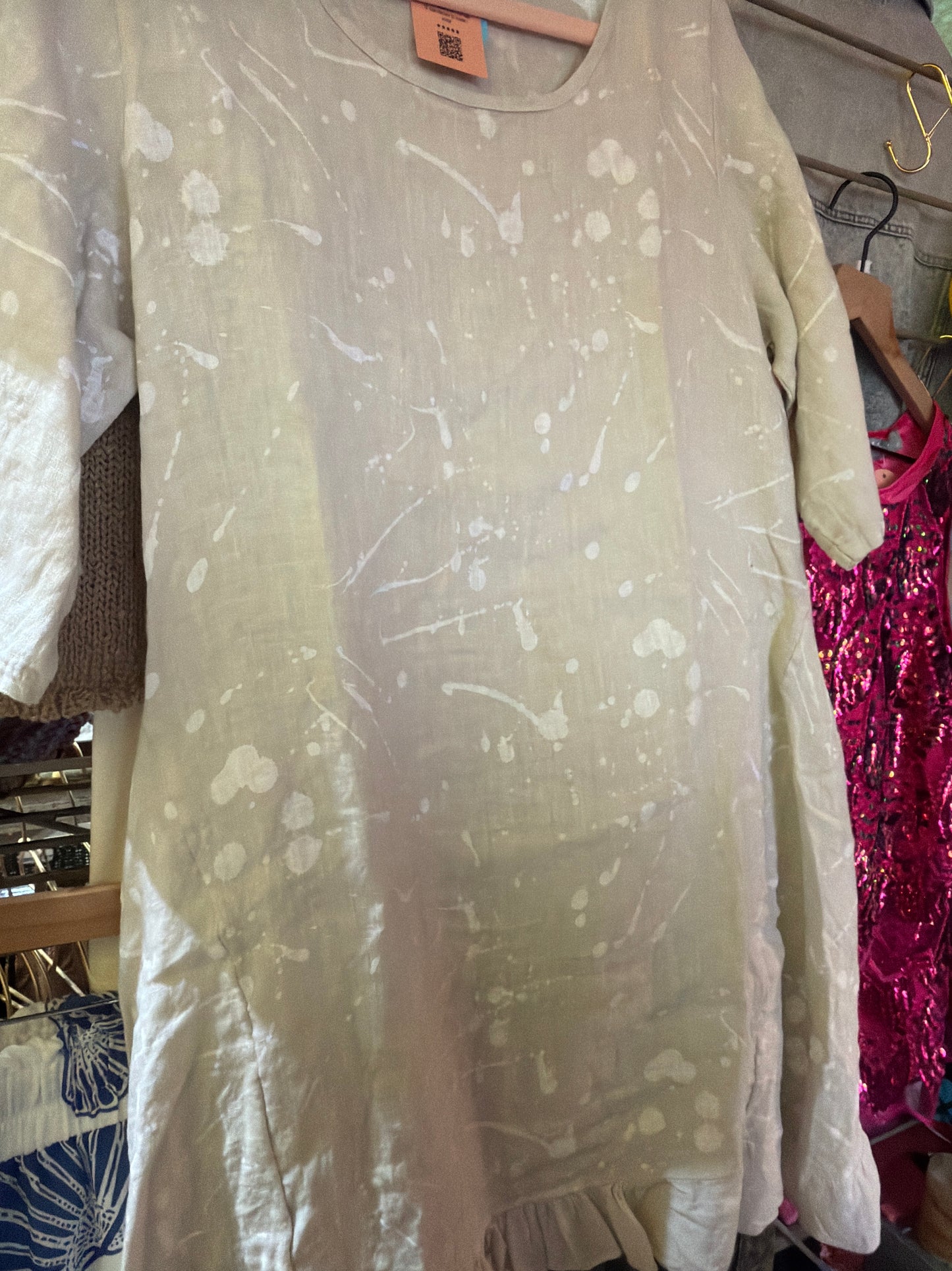 Beige Ruffle Quarter Sleeve Dress with White Splatter