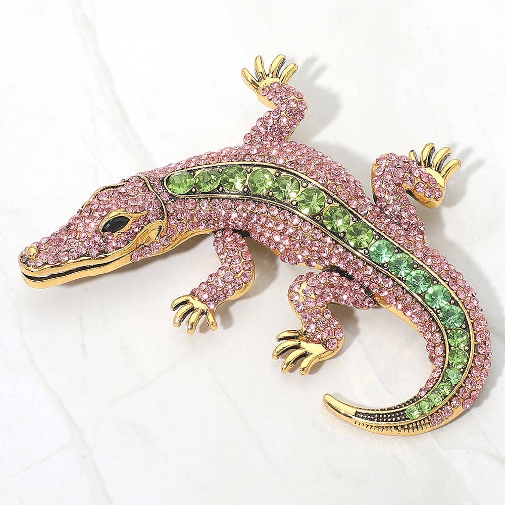 Bold Rhinestone Embellished Alligator Pin Brooch