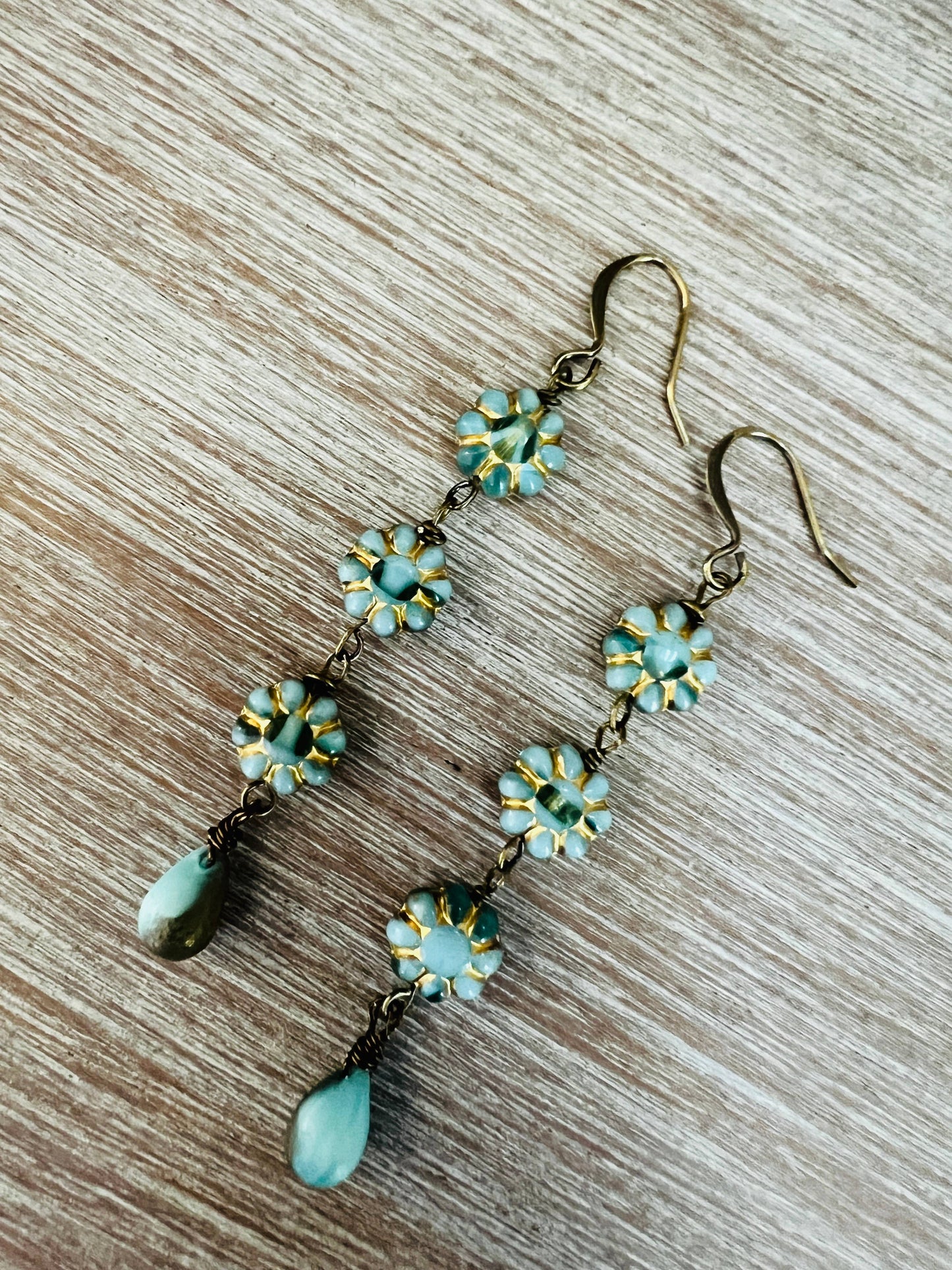 Aqua and Gold French Flower Drop Earrings