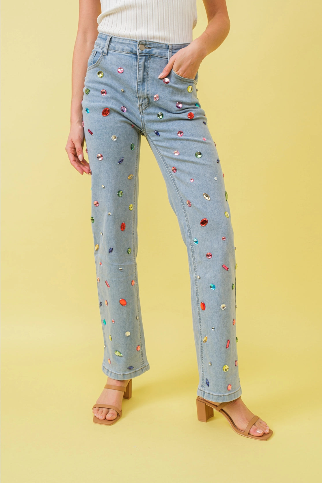 Light Wash Mid Rise Rhinestone Jeans