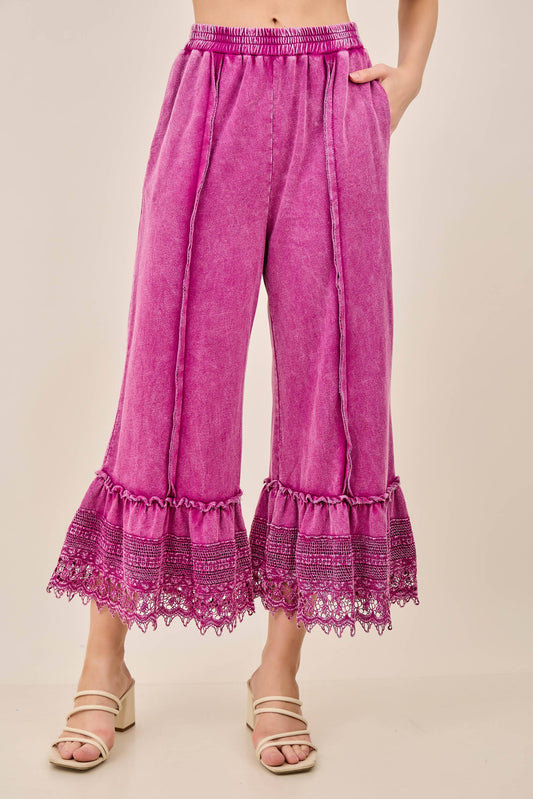 Mineral Washed Delicate lace trim hem Cropped Pants