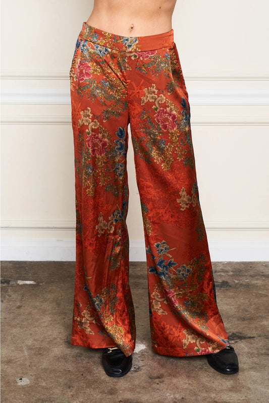 Orange Floral Silk Pants