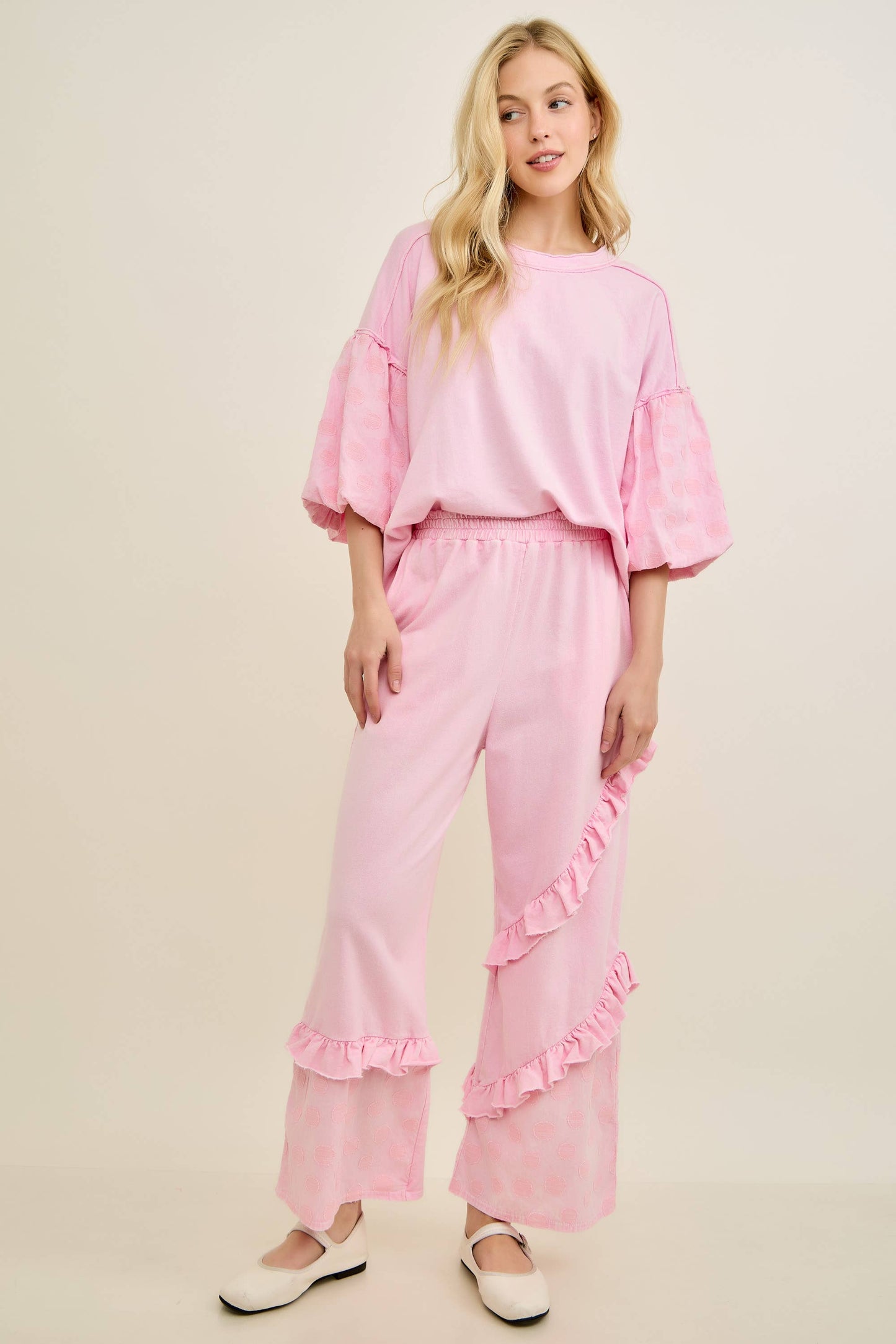 Mineral Washed Boho Polkadot Ruffle Pants
