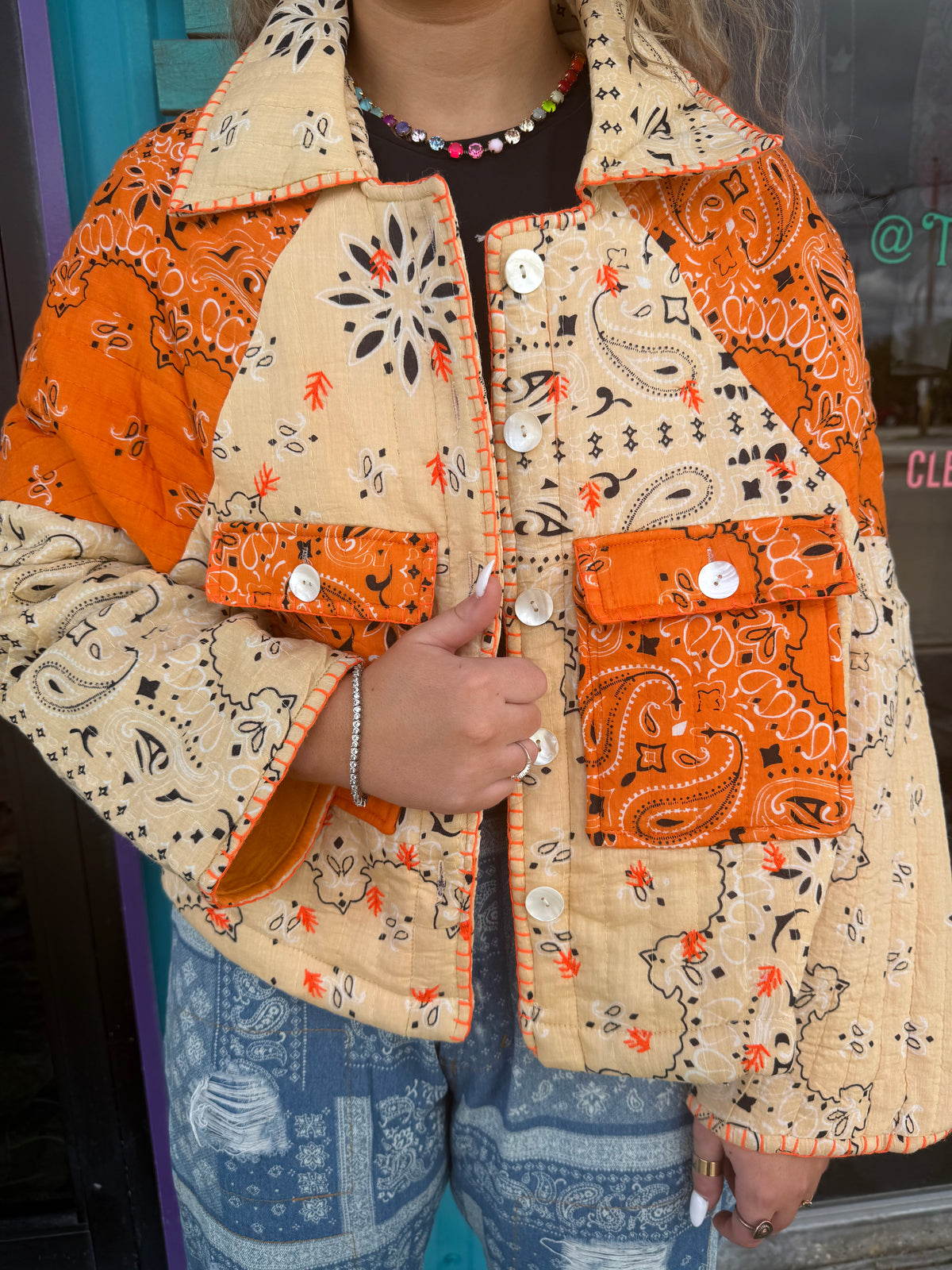 Quilted Patchwork Paisley Button Front Jacket Top