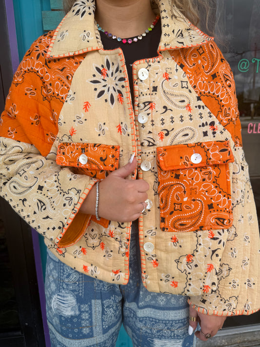 Quilted Patchwork Paisley Button Front Jacket Top