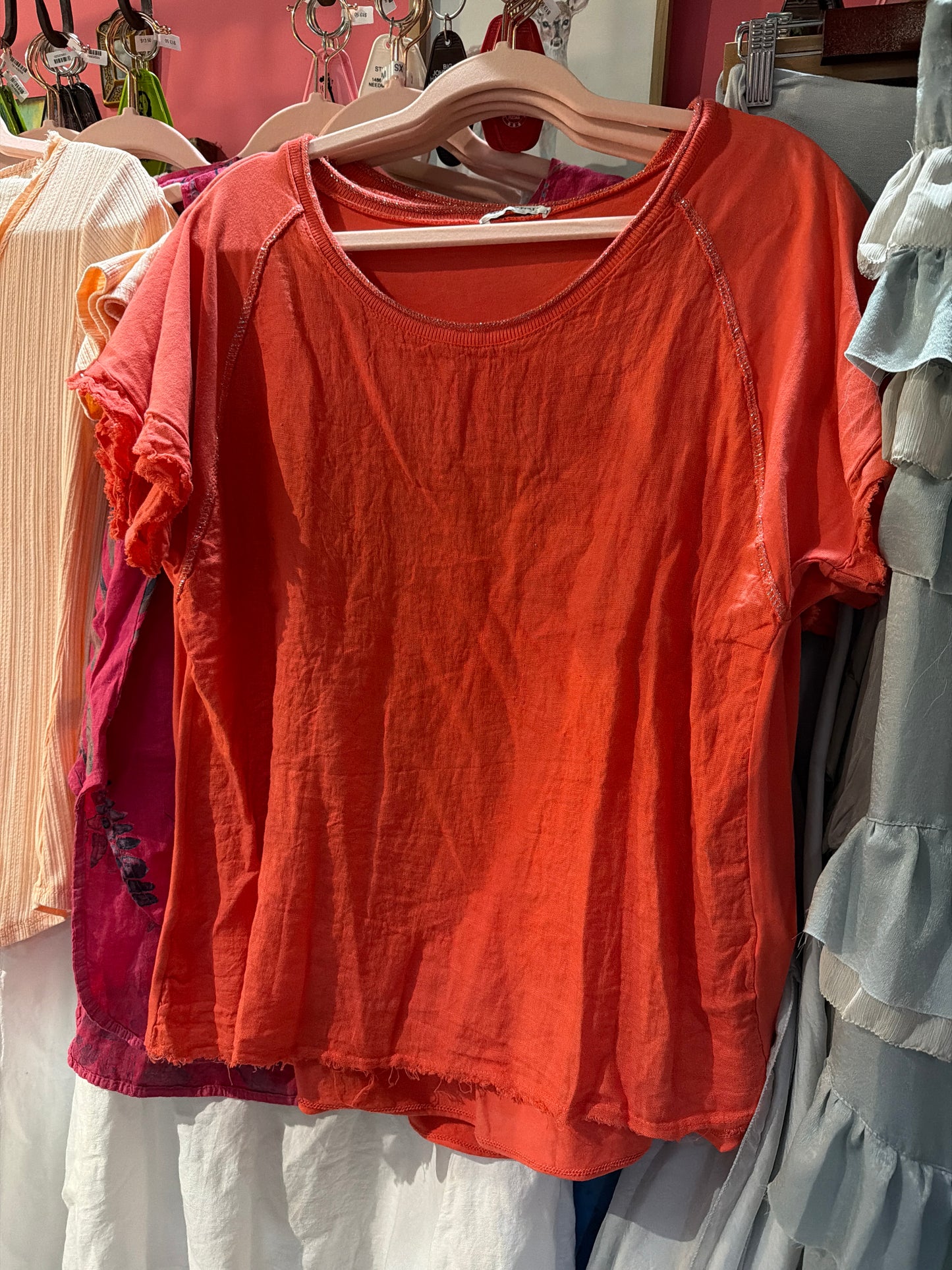 Coral Orange Linen Contrast T-Shirt Blouse
