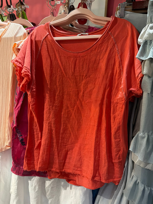 Coral Orange Linen Contrast T-Shirt Blouse
