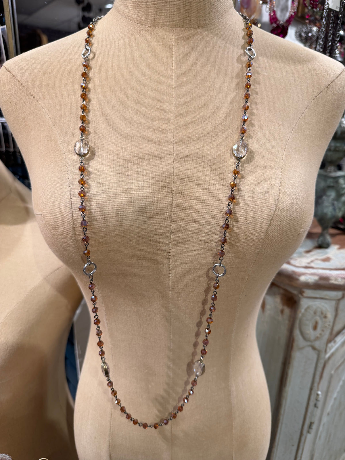 Purple And Clear Bead Long Necklace