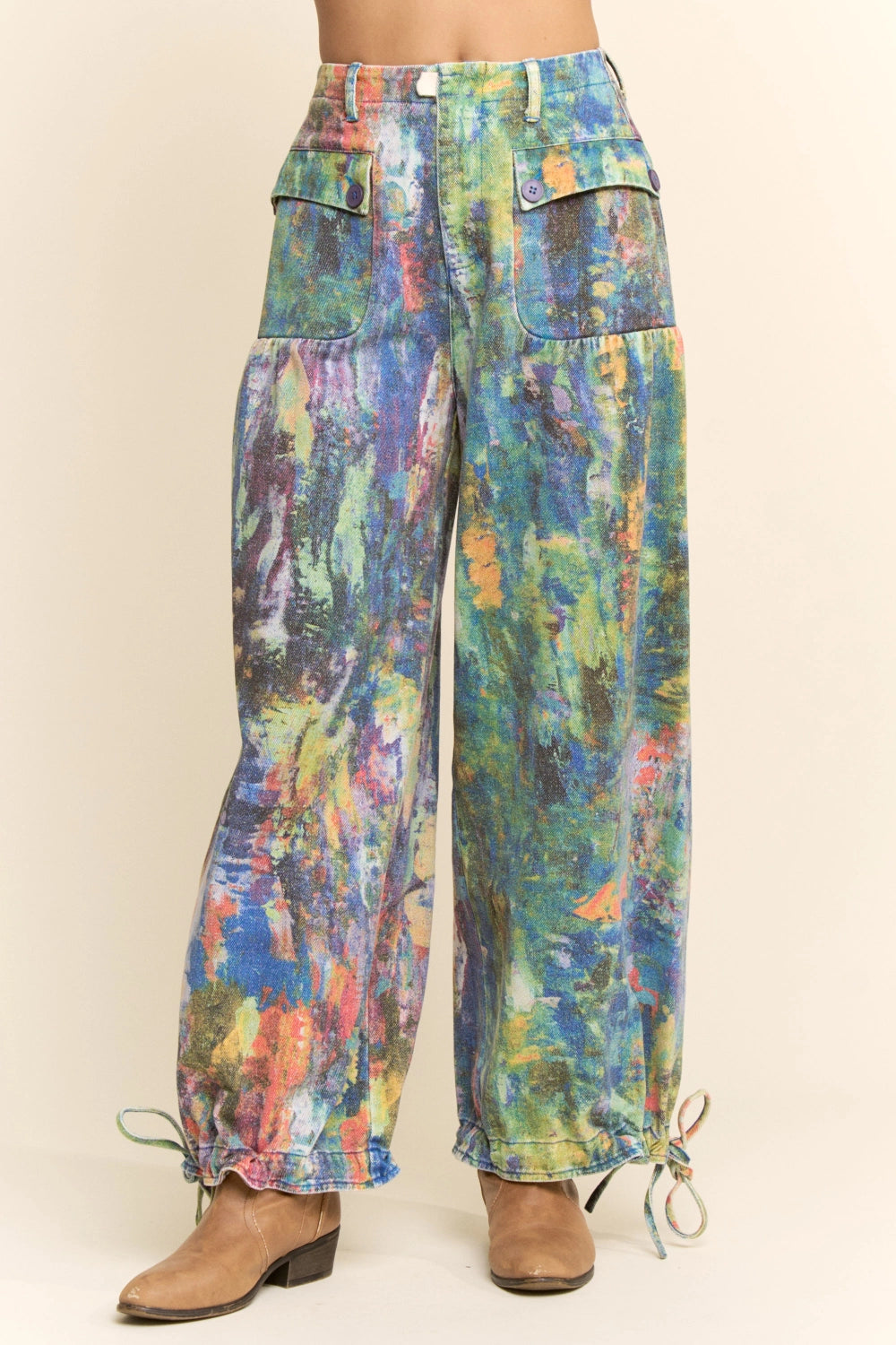 Watercolor Denim Wide Opening Mid-High Waist Pants