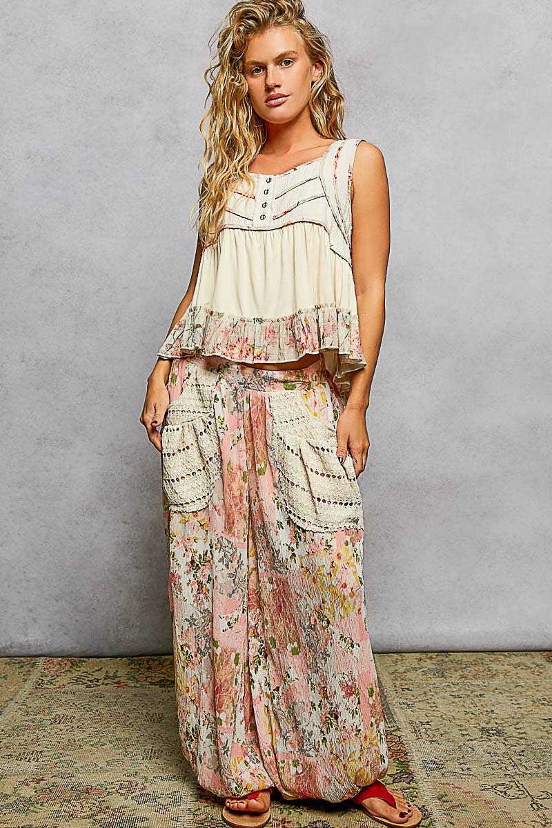 Square Neck Jersey Floral Trim Boho Tank Top