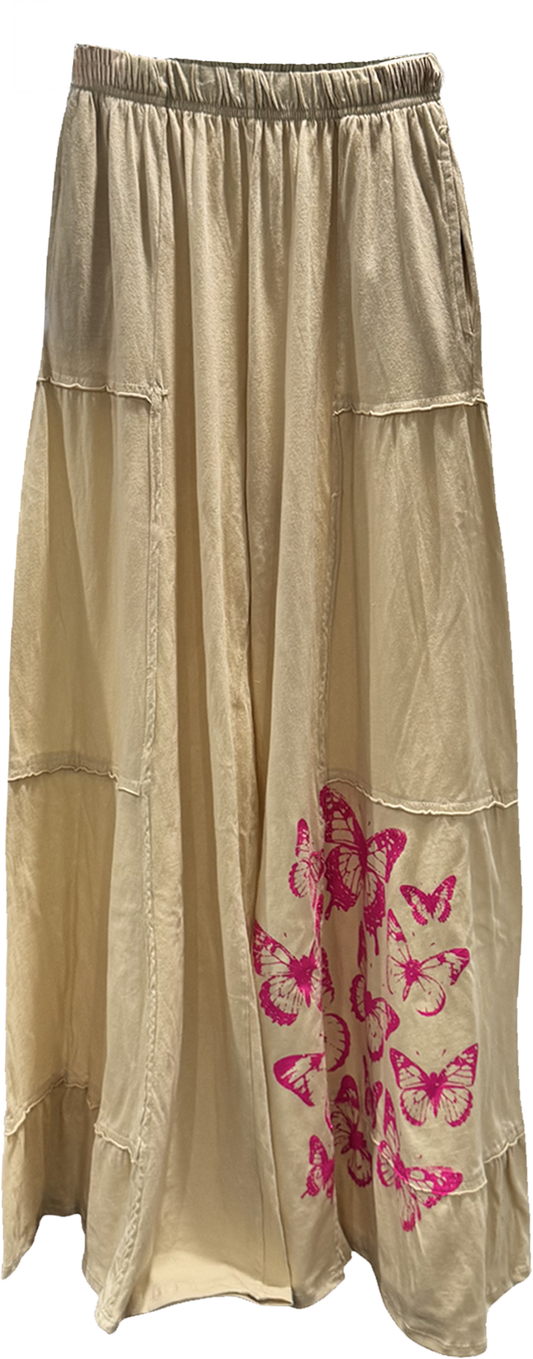 100% Cotton Tiered Wide Leg Pants w/Butterflies in 2 Colors