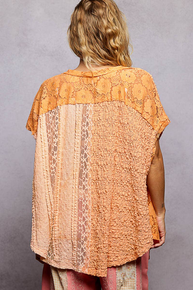 Patchwork Lace Oversized V-Neck Raw Edge Top