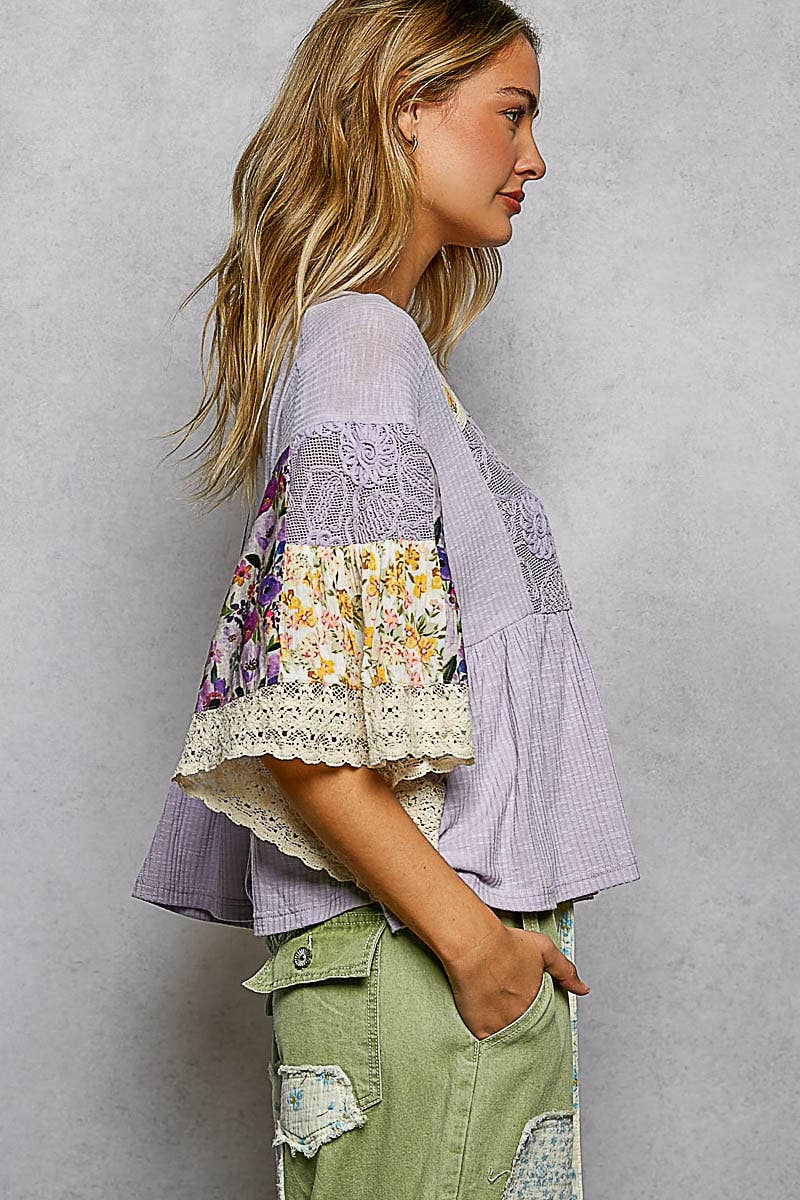 Rib Floral Pattern Round Neck Short Sleeve Top