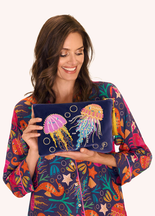 Velvet Zip Pouch - Navy Jellyfish