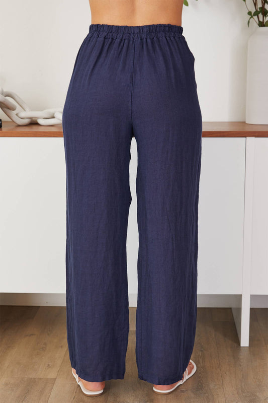 Navy Linen Smocked Waist Palazzo Pants