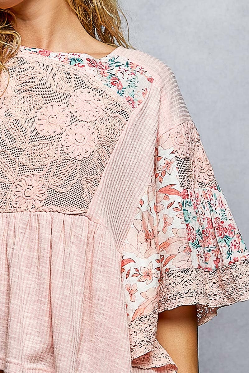 Rib Floral Pattern Round Neck Short Sleeve Top