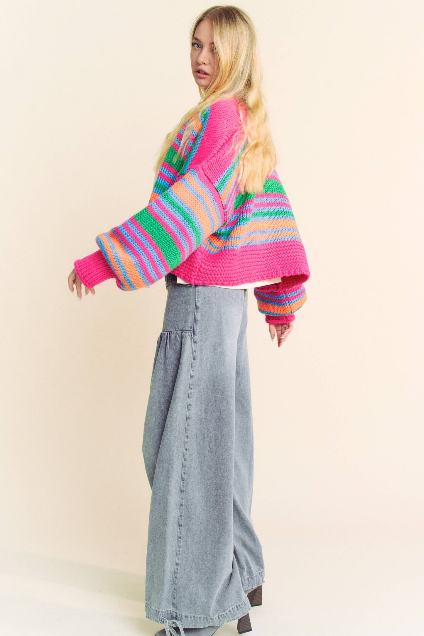 Chunky Striped Open-Front Cardigan