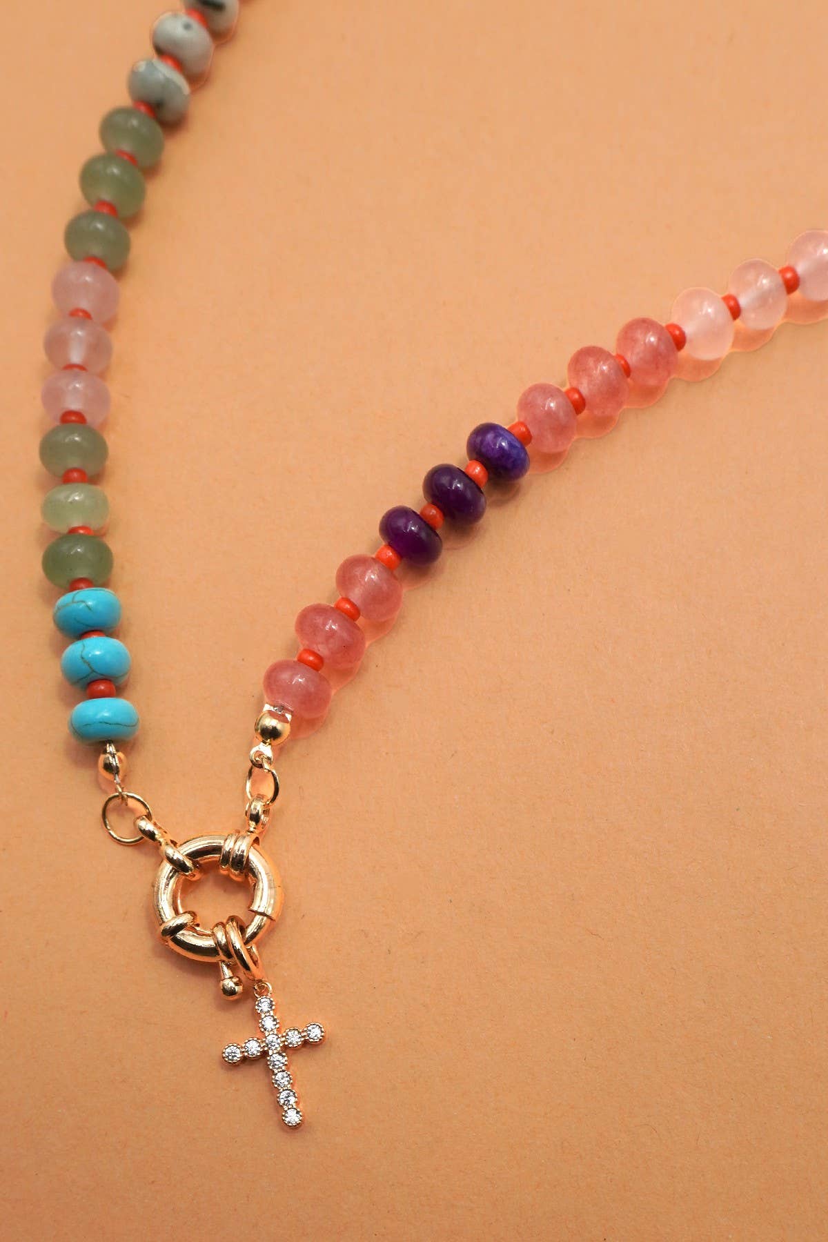 NATURAL STONE CHARM BEADED NECKLACE