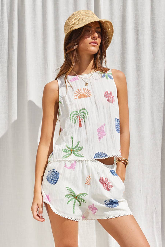 Palm and Dolphin Printed 2- Piece Short Set