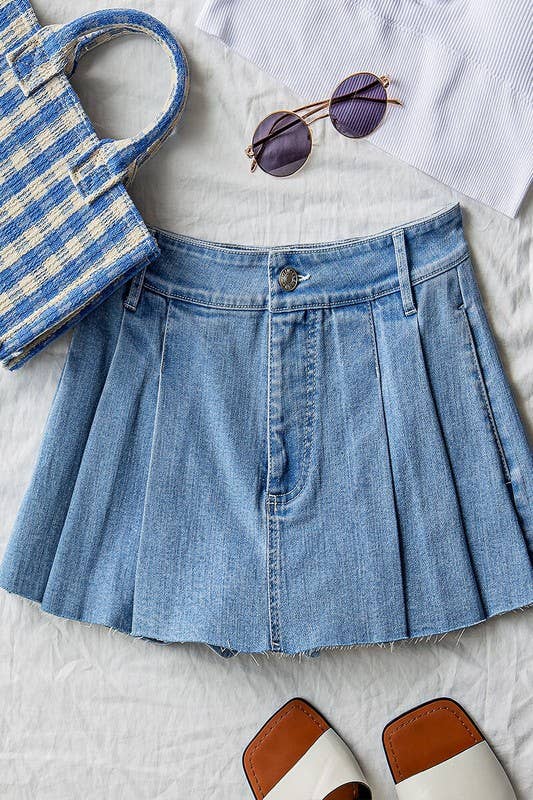 Light Blue Pleated Denim Mini Skort