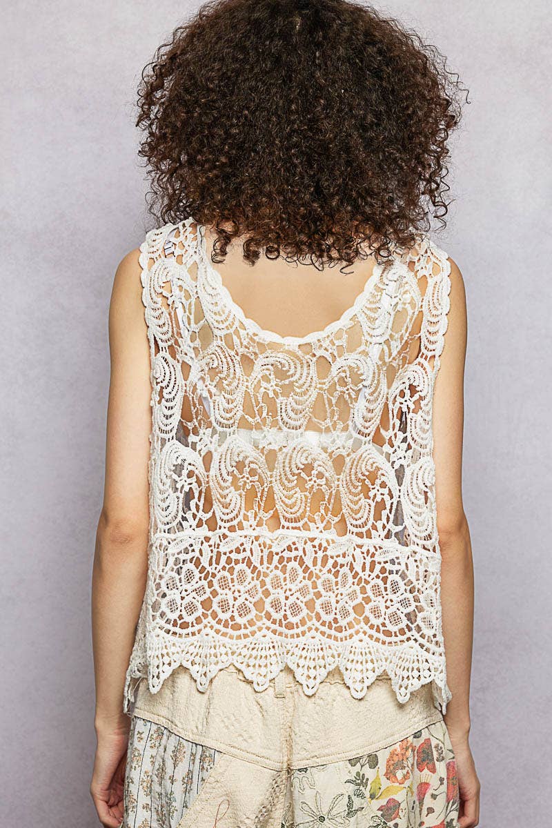Crochet Lace Bead Neck Sleeveless Cropped Top