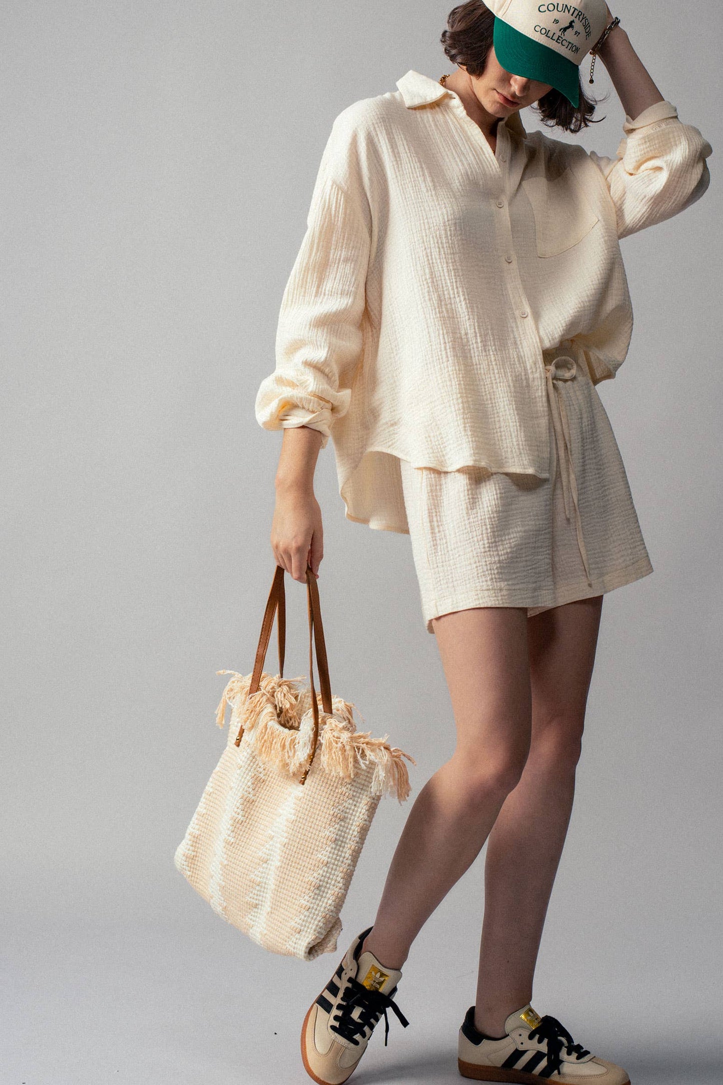 Cream Crinkle Cotton Gauze Resort Button-Up Set