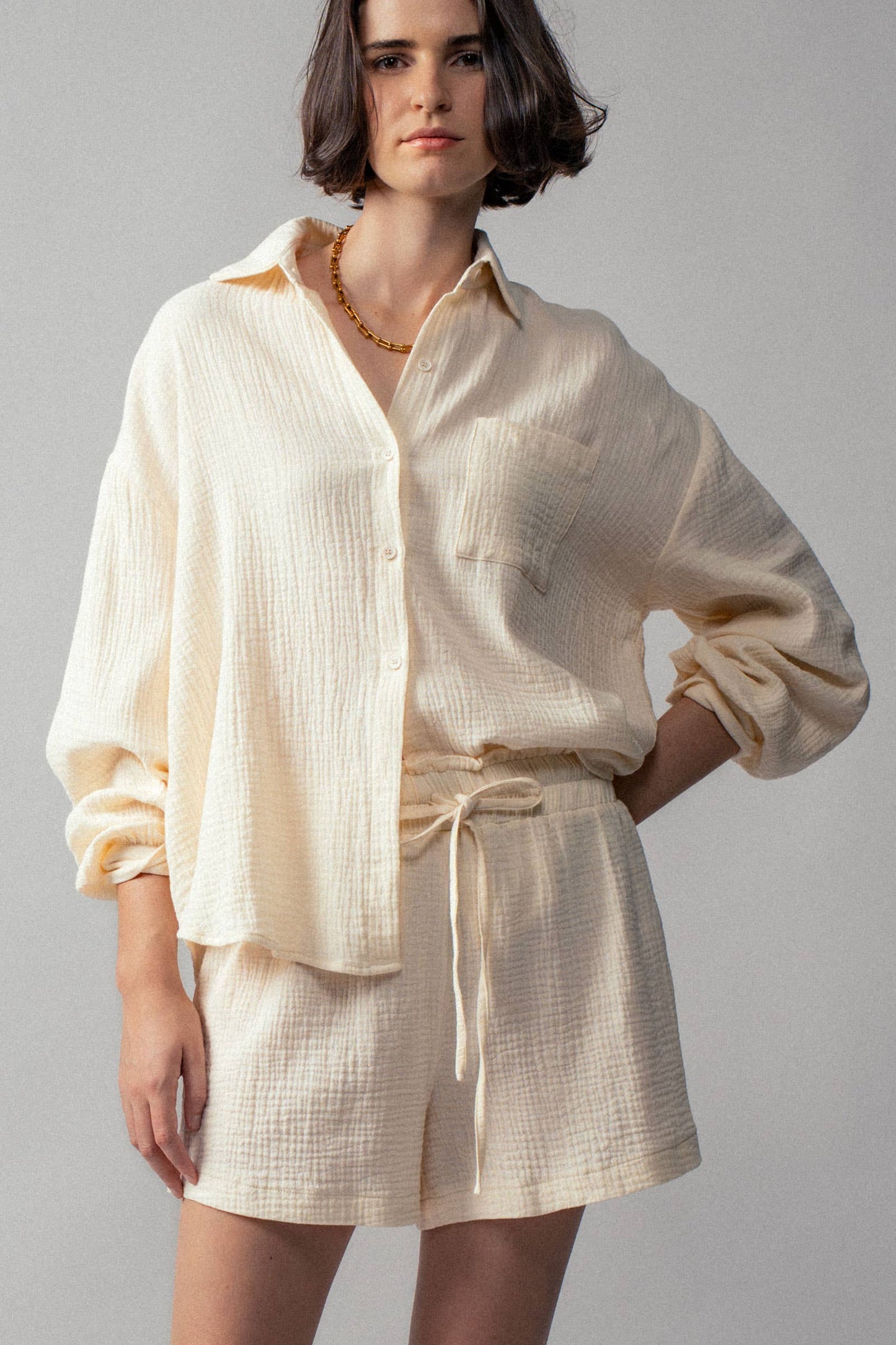 Cream Crinkle Cotton Gauze Resort Button-Up Set