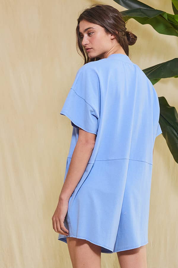 Blue Oversized Wide Legs Solid Romper With Pockets