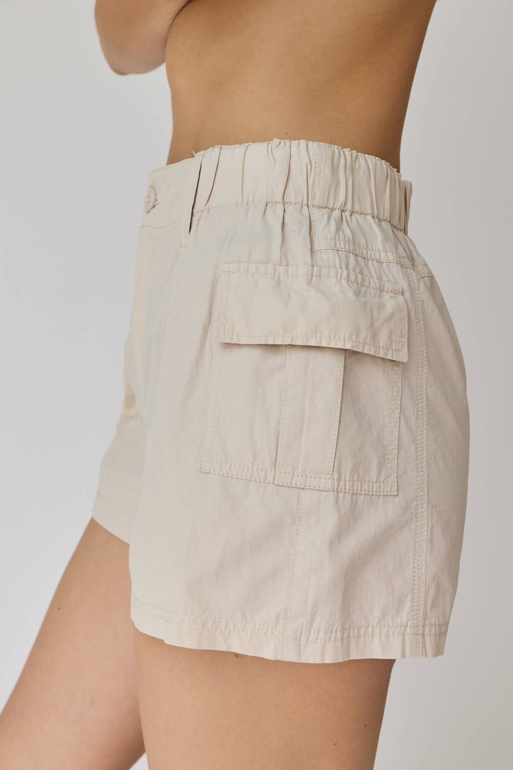 Khaki Jimena Low-Rise Elastic Waist Cargo Shorts