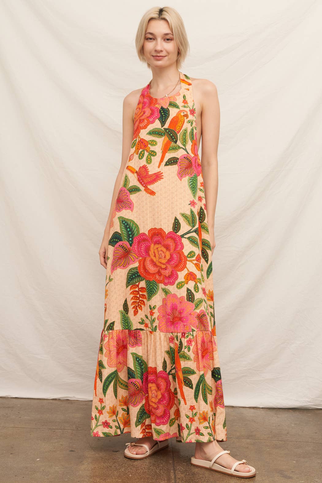 Textured Tropical Print Halter Neck Maxi Dress
