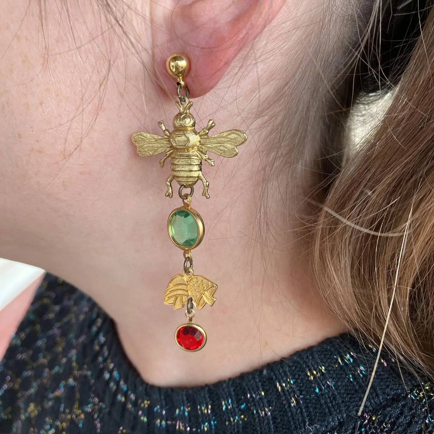 Nature Study Brass & Crystal Charm Earrings