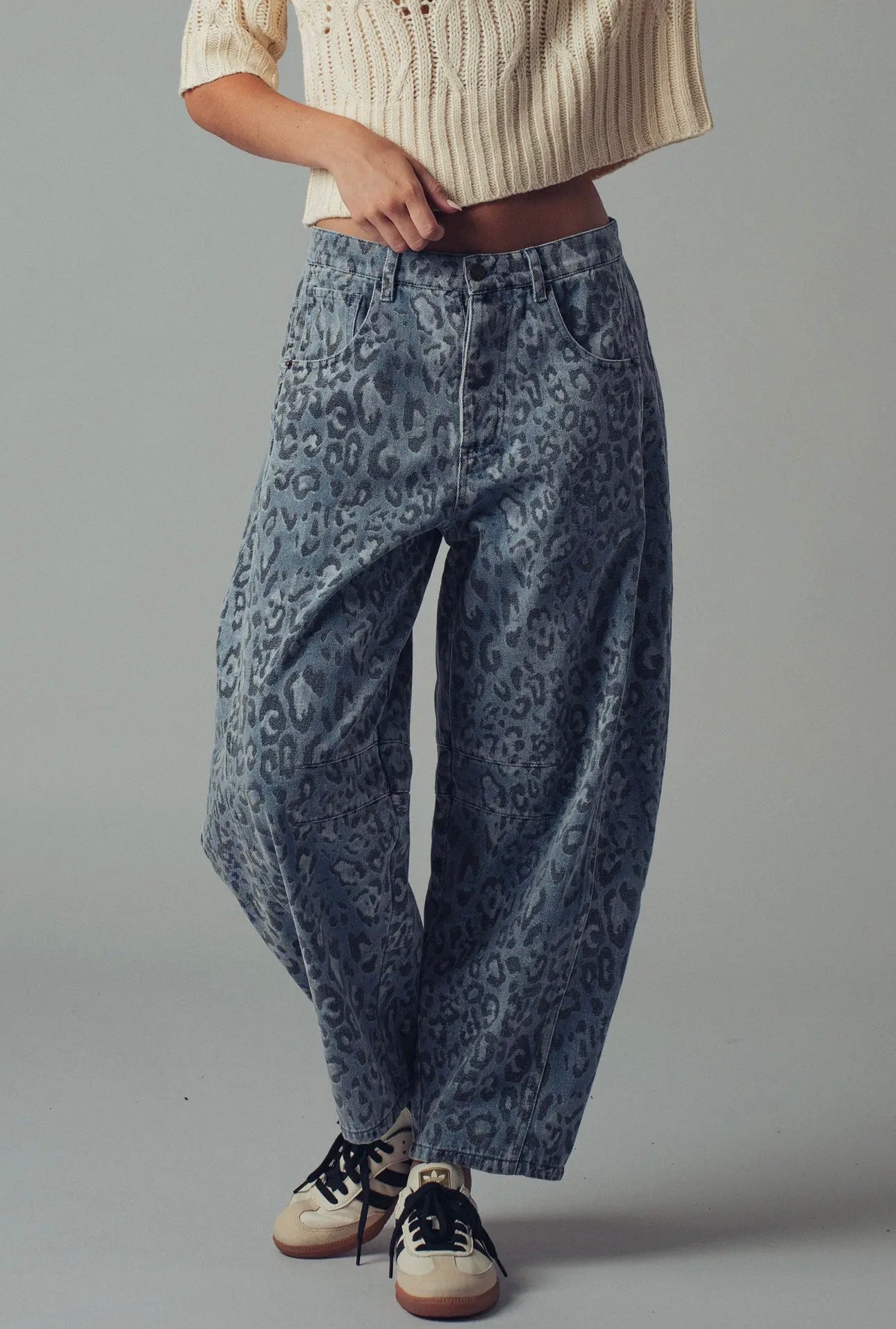 Blue Leopard Print Denim Barrel Jeans