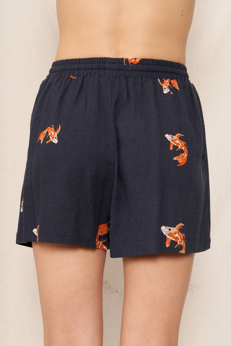 Koi Fish Print Elastic Waistband Shorts