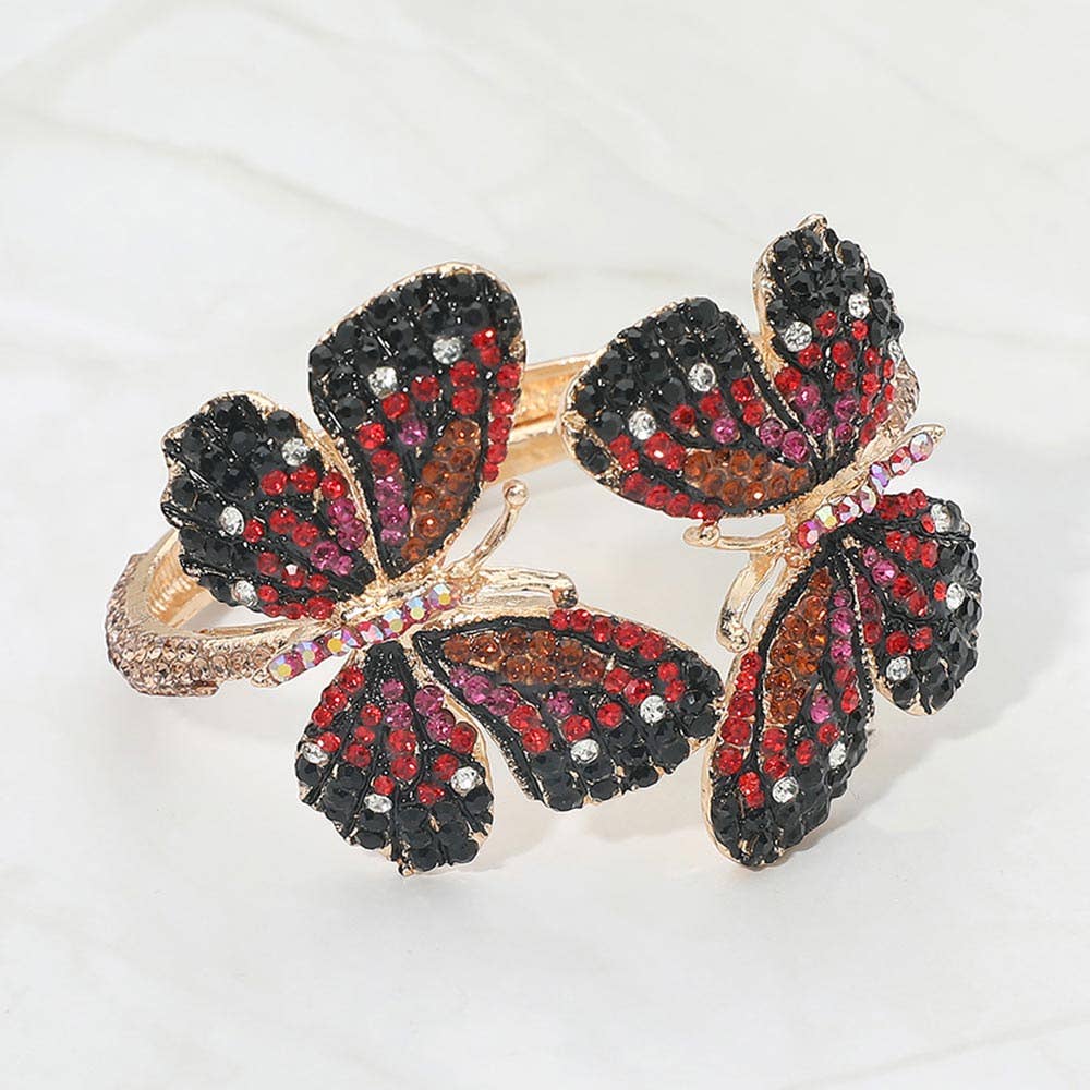 Rhinestone Embellished Double Butterfly Hinged Bangle Bracelet